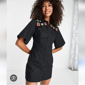 Asos Design Womens Black Crochet Floral Button Up Mini Dress Size US 6
